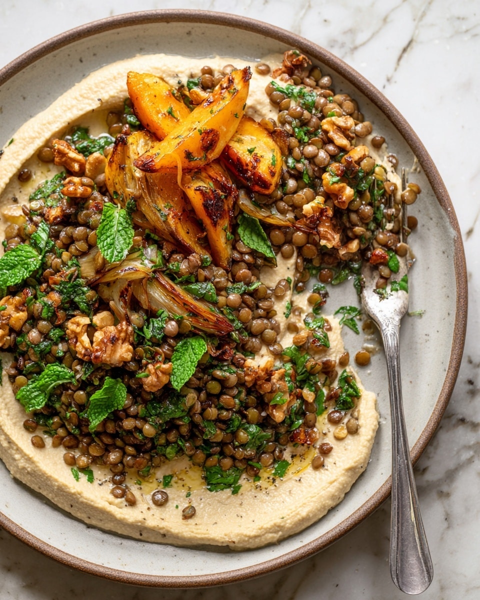 This dish is served on a white plate with a smooth swirl of creamy, pale beige hummus spread forming the bottom layer. On top of the hummus, there is a pile of greenish-brown lentils mixed with small bits of fresh chopped herbs, adding some green color and texture. Sitting alongside the lentils, there are golden-brown roasted carrot slices and onion rings, showing a slightly glossy and caramelized texture. Fresh mint leaves with a bright green color are scattered across the dish, adding freshness and contrast. Drops of olive oil glisten on the hummus, enhancing the colors and richness. The background is a white marbled surface. Photo taken with an iphone --ar 4:5 --v 7