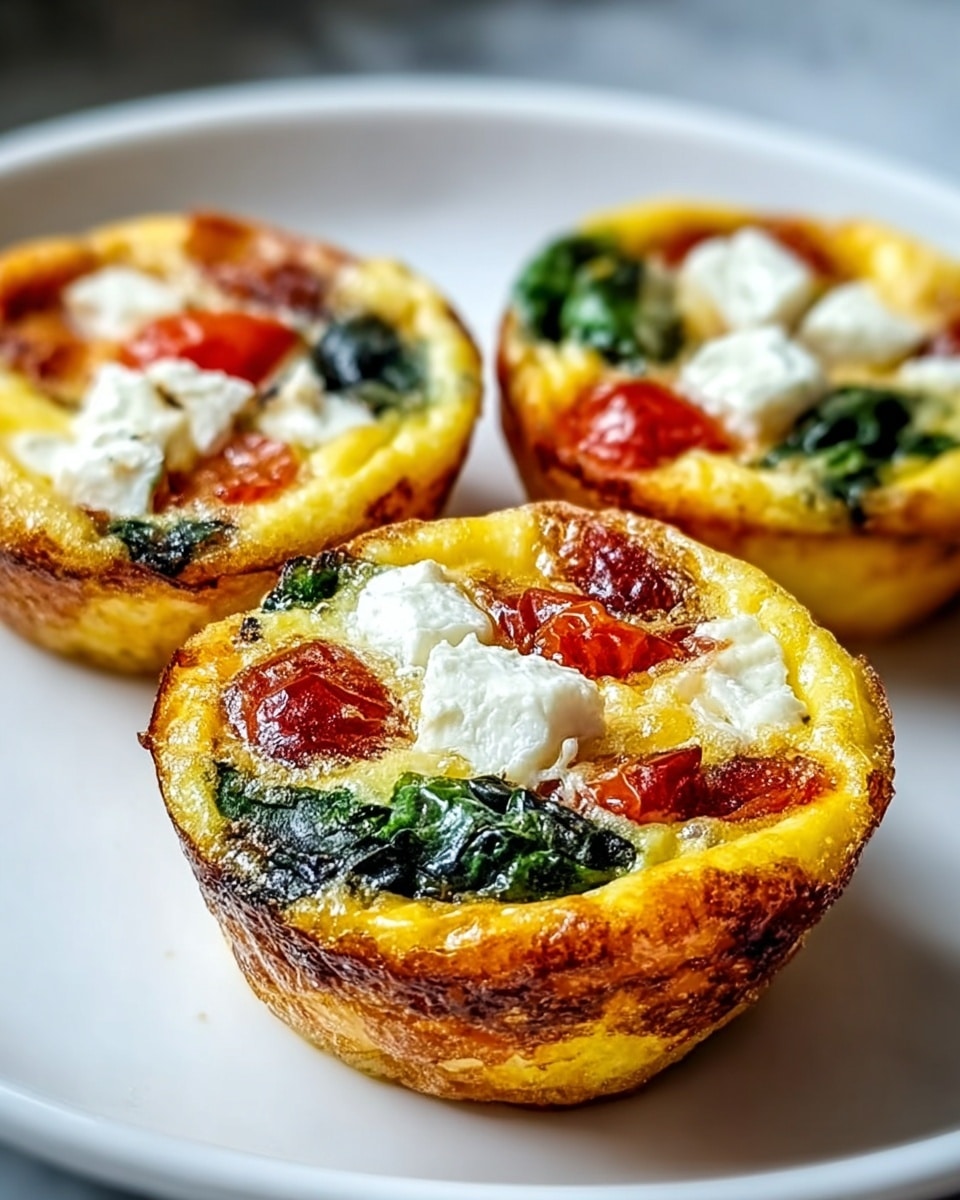 The image shows three small egg muffins on a white plate placed on a white marbled surface. Each muffin has a golden-brown crust forming the outer layer. Inside, the first layer is a yellow cooked egg base, topped with pieces of dark green spinach leaves and red cherry tomato halves scattered evenly. There are also dollops of white cheese placed on top, adding texture and contrast. The muffins have a slightly crispy edge and a soft, moist center. Photo taken with an iphone --ar 4:5 --v 7
