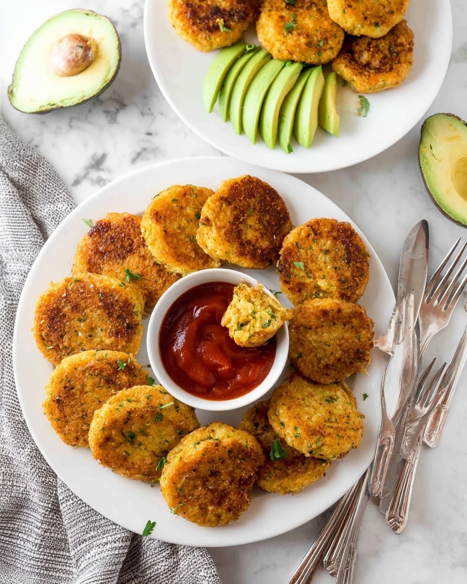 A white plate filled with about fourteen golden-brown fritters arranged in a circle, each fritter having a crispy textured surface with green herb specks visible inside. In the middle of the plate, there is a small white bowl filled with red dipping sauce, with one fritter partially dipped inside. At the top, a second white plate has three golden fritters next to three fresh light green avocado slices. The background is a white marbled surface. To the right side of the main plate, there are two silver forks resting on the surface, and at the bottom, half of an avocado with dark green skin and pale green flesh is visible. photo taken with an iphone --ar 4:5 --v 7