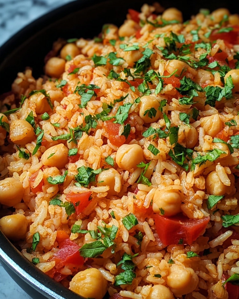 A close-up view of a cooked rice dish in a black pan, featuring a mix of light orange rice grains, whole chickpeas, and small diced red tomatoes. The dish is topped with bright green chopped fresh herbs, adding a fresh contrast. The rice has a slightly glossy texture, showing it is well-cooked and mixed with spices. The chickpeas are soft and round, scattered evenly throughout the rice and tomato mix. The background and surface are a white marbled texture. photo taken with an iphone --ar 4:5 --v 7