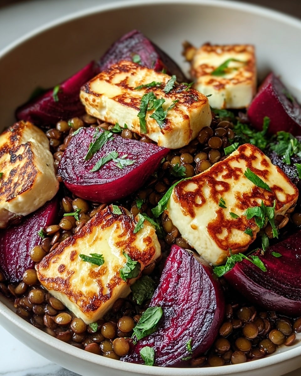 A close-up of a white bowl filled with several cooked lentils at the bottom, creating a soft, shiny brown layer. On top of the lentils, there are dark purple beet slices with visible stripes, adding a smooth texture and deep color. Above the beets, several thick, golden-brown grilled halloumi cheese pieces are placed, showing a crispy, slightly charred surface with a soft, white inside. The dish is sprinkled with chopped fresh green herbs, adding bright green bits that stand out on the warm colors below. The bowl sits on a white marbled texture surface. photo taken with an iphone --ar 4:5 --v 7