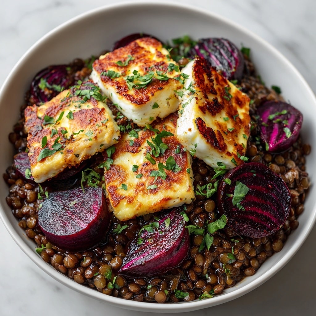 A white bowl holds a layered dish with a base of small round brown lentils, glossy and softly piled across the bottom. On top of the lentils, there are thick wedges of deep purple beets with smooth, slightly shiny skin and visible natural patterns inside. Large rectangular pieces of golden-brown grilled halloumi cheese, with char marks and a slightly crispy texture, are scattered above the beets and lentils. The entire dish is sprinkled with chopped fresh green herbs that add a pop of color across the layers. The background is a white marbled texture. photo taken with an iphone --ar 4:5 --v 7
