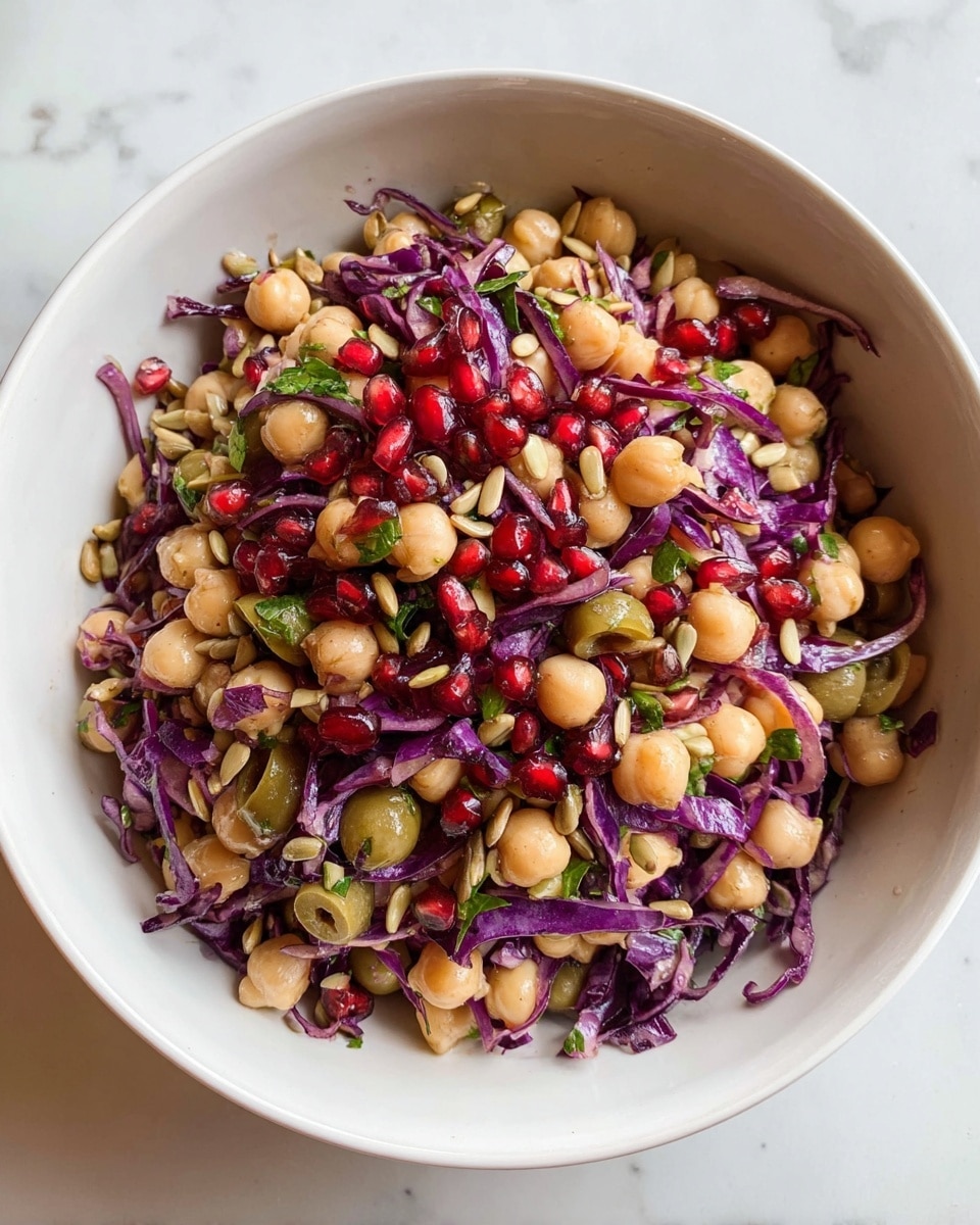 A white deep plate holds a colorful salad with three main layers. The base is light beige chickpeas scattered all over with a soft round texture. On top, thin strips of bright purple cabbage add a crunchy texture and vibrant color. Mixed throughout are sliced green olives showing light green and brown shades, while small dark red pomegranate seeds add little bright red dots all over. There are small bits of green herbs and sunflower seeds sprinkled throughout the salad. The whole dish sits on a white marbled surface. Photo taken with an iphone --ar 4:5 --v 7