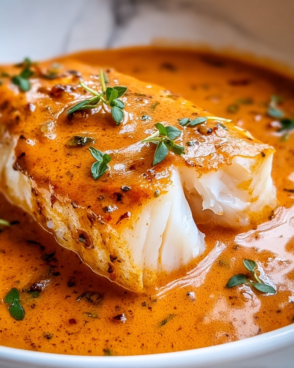 A close-up of a white fish fillet in a white bowl, covered with a thick, smooth, orange-brown sauce speckled with black spices and garnished with small green herb leaves, the fish is tender and flaky with a soft white interior showing a small cut on one side, the sauce pools around the fish in the bowl which sits on a white marbled surface photo taken with an iphone --ar 4:5 --v 7