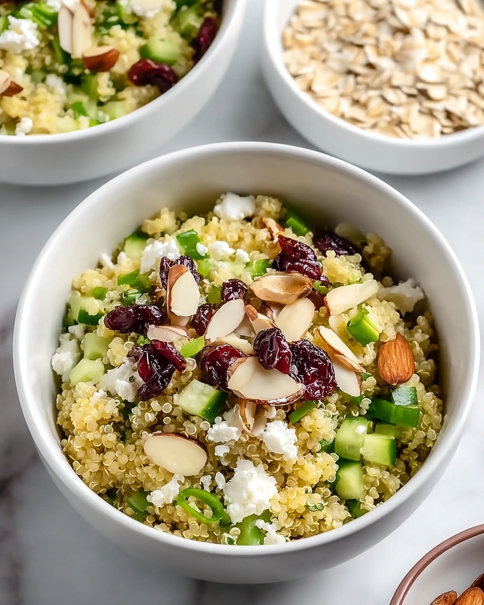 The image shows a white bowl filled with a colorful quinoa salad. The base layer is light yellow cooked quinoa with a soft texture. On top, bright green chopped scallions and cucumber pieces add freshness. There are scattered chunks of white feta cheese providing a soft, crumbly texture. Dark red dried cranberries and light brown sliced almonds are spread on top, adding chewy and crunchy textures. The bowl is placed on a white marbled surface, next to another white bowl with the same salad and a third bowl with light brown raw oats. photo taken with an iphone --ar 4:5 --v 7
