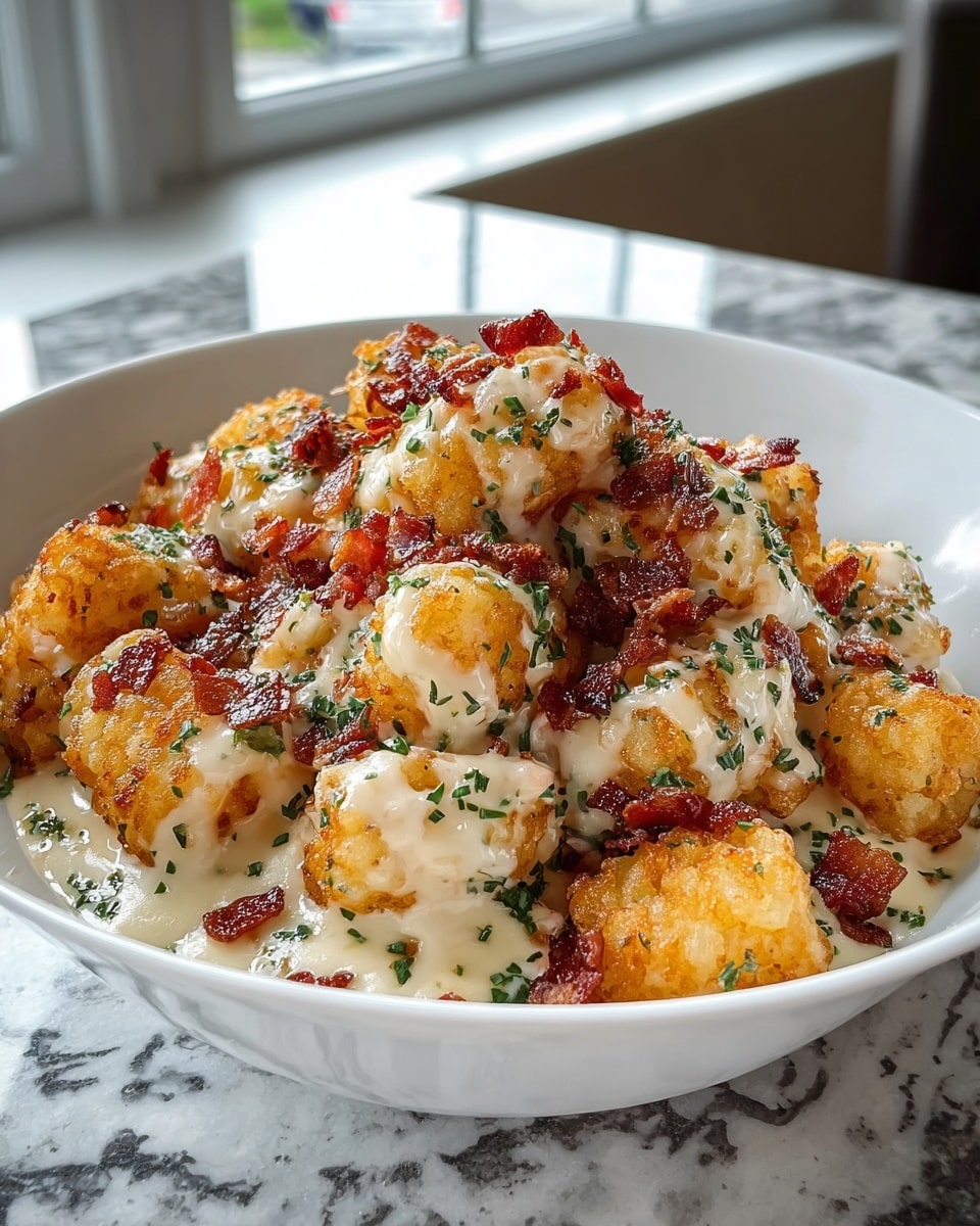 A white bowl filled with golden brown crispy tater tots covered in a creamy white cheese sauce that has melted into the tots, with small pieces of reddish-brown bacon and green herbs sprinkled all over, sitting on a white marbled surface with a blurred background of a window. photo taken with an iphone --ar 4:5 --v 7