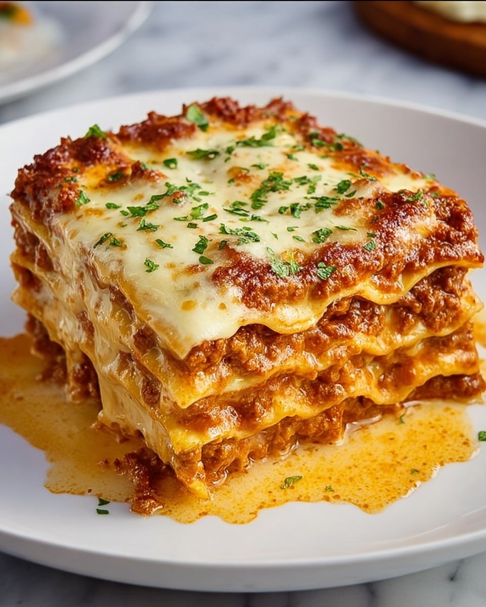A thick square piece of lasagna with four visible layers of pasta sheets, each separated by rich orange-red meat sauce mixed with creamy light yellow cheese. The top layer is covered with melted golden cheese sprinkled with small bits of bright green herbs. The edges show some sauce dripping slightly onto a white plate, all placed on a white marbled surface. Photo taken with an iphone --ar 4:5 --v 7