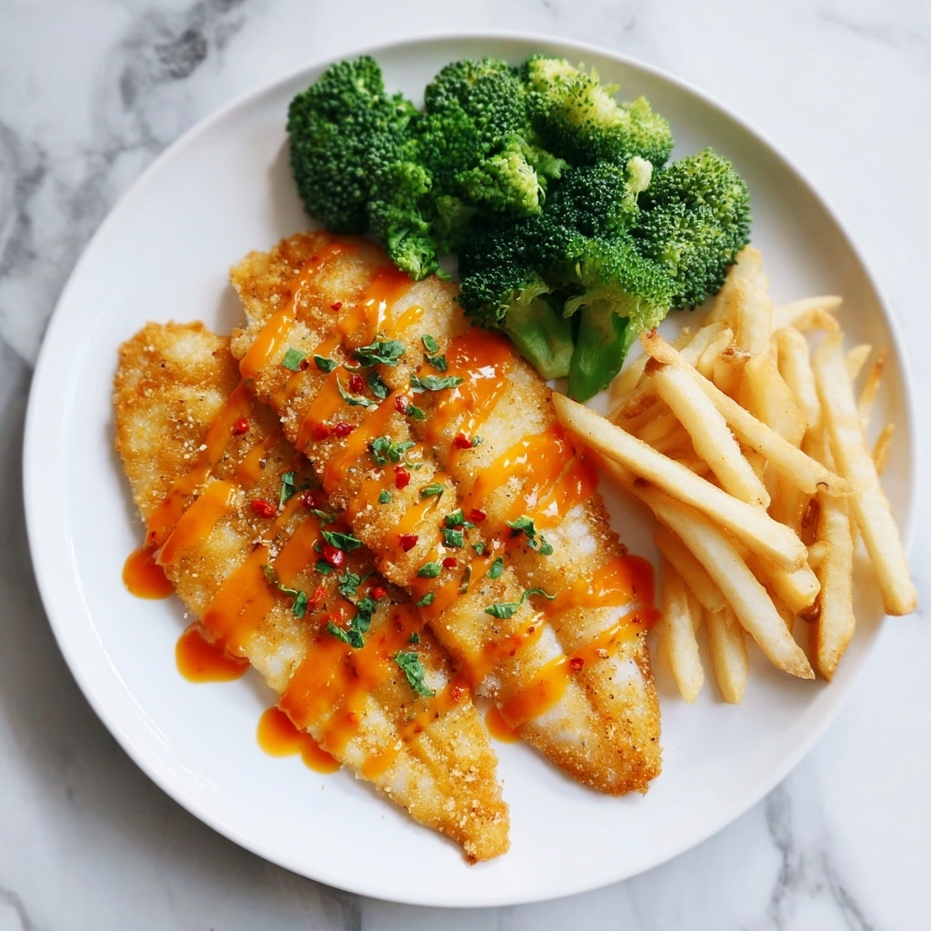 The image shows a white plate with three main parts: two pieces of golden-brown fried fish fillets on the left side, each drizzled with bright orange sauce in zigzag lines and sprinkled with small green herb leaves and red chili flakes; on the top right side, a small bunch of fresh green broccoli florets; and on the bottom right side, a small group of light golden French fries. The plate sits on a white marbled surface. photo taken with an iphone --ar 4:5 --v 7