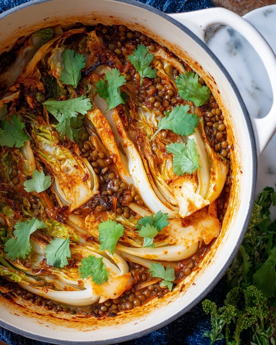 A close-up view inside a white pot filled with a cooked dish showing layers of soft, caramelized napa cabbage arranged in a slightly overlapping pattern, with visible browned, textured edges and streaks of sauce in red-orange hues. Underneath, there is a layer of small, round brown lentils mixed with sauce that glistens slightly. Bright green cilantro leaves are scattered on top, adding fresh color contrast. The pot handle is visible, sitting on a white marbled surface with some green herbs and a dark blue fabric beneath. Photo taken with an iphone --ar 4:5 --v 7