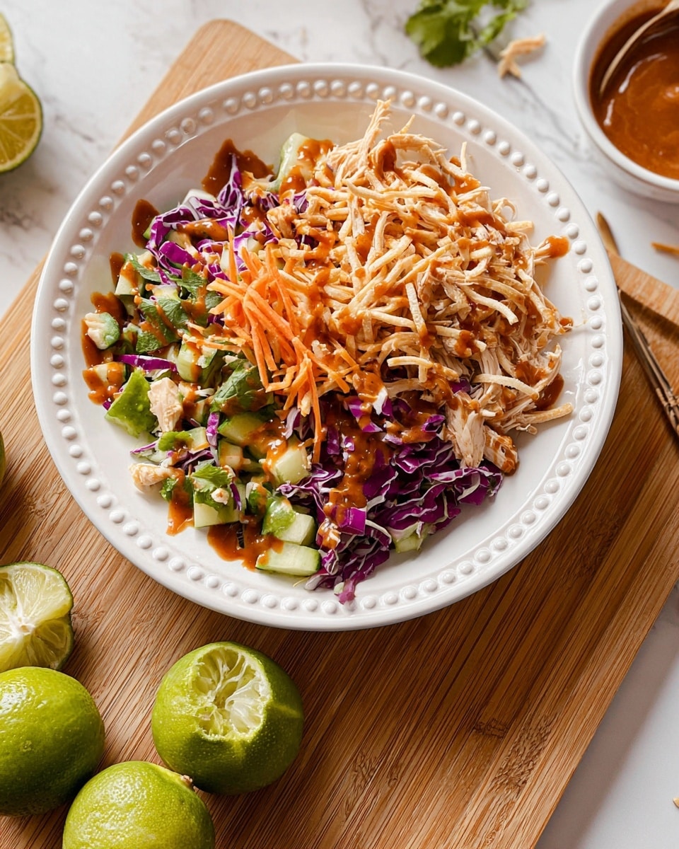 A large round bowl holds a colorful salad with many layers: shredded orange carrots, chopped purple cabbage, small pieces of white chicken, and green herbs mixed throughout, topped with light brown crunchy noodle sticks and fresh green cilantro leaves. The bowl sits on a wooden board with several lime wedges arranged on the top right side, and a gold serving spoon with bamboo-style handles rests inside the bowl. To the left, a smaller white bowl shaped like a flower petal holds more crunchy noodle sticks. The whole scene is set on a white marbled surface with scattered lime halves, cilantro, peanuts, and pieces of ginger visible around. Photo taken with an iphone --ar 4:5 --v 7