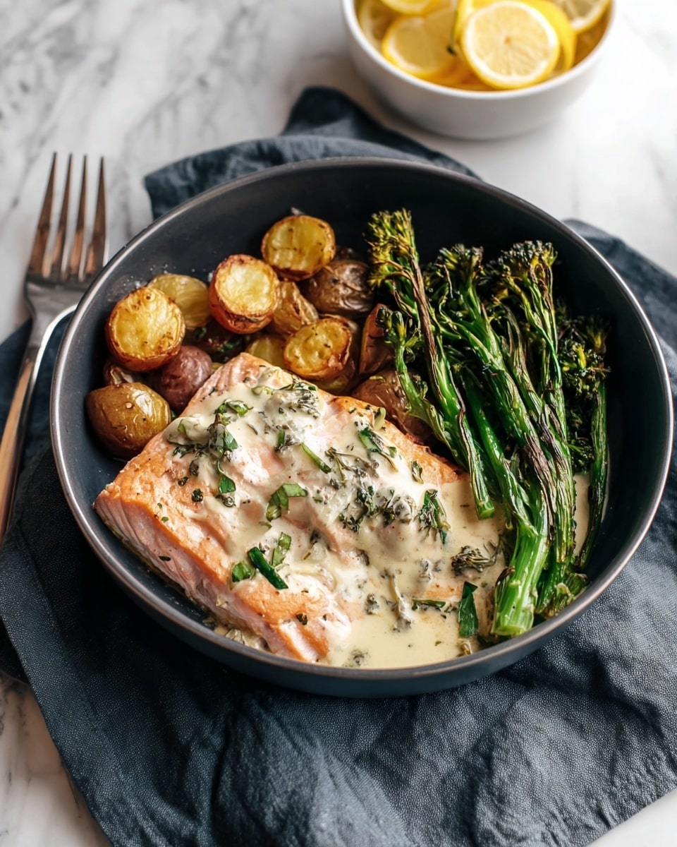 A dark bowl contains three main layers: on the left side is a large piece of salmon covered by a creamy white sauce with green herb bits, slightly melting over the soft pink fish; above the salmon are small golden brown roasted potato halves with a crispy texture; on the right side, there is a bundle of green broccolini with some parts slightly charred, showing a tender, crisp texture. The bowl rests on a dark gray cloth, all set on a white marbled surface. A white bowl with lemon slices is visible on the upper right corner. photo taken with an iphone --ar 4:5 --v 7