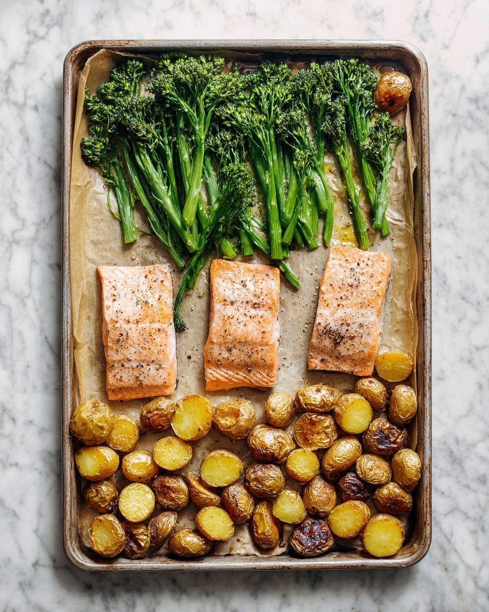 A metal baking tray lined with lightly browned parchment paper holds a simple meal with three main parts: on the left side, several bright green broccolini stalks with slightly roasted tips, in the middle two large rectangular pieces of cooked salmon with a light orange-pink color and a slightly crispy skin sprinkled with black pepper, and taking up most of the bottom half of the tray, a large pile of golden-brown roasted baby potatoes cut in halves, showing their soft yellow inside and crispy skin. The tray rests on a white marbled textured surface. photo taken with an iphone --ar 4:5 --v 7