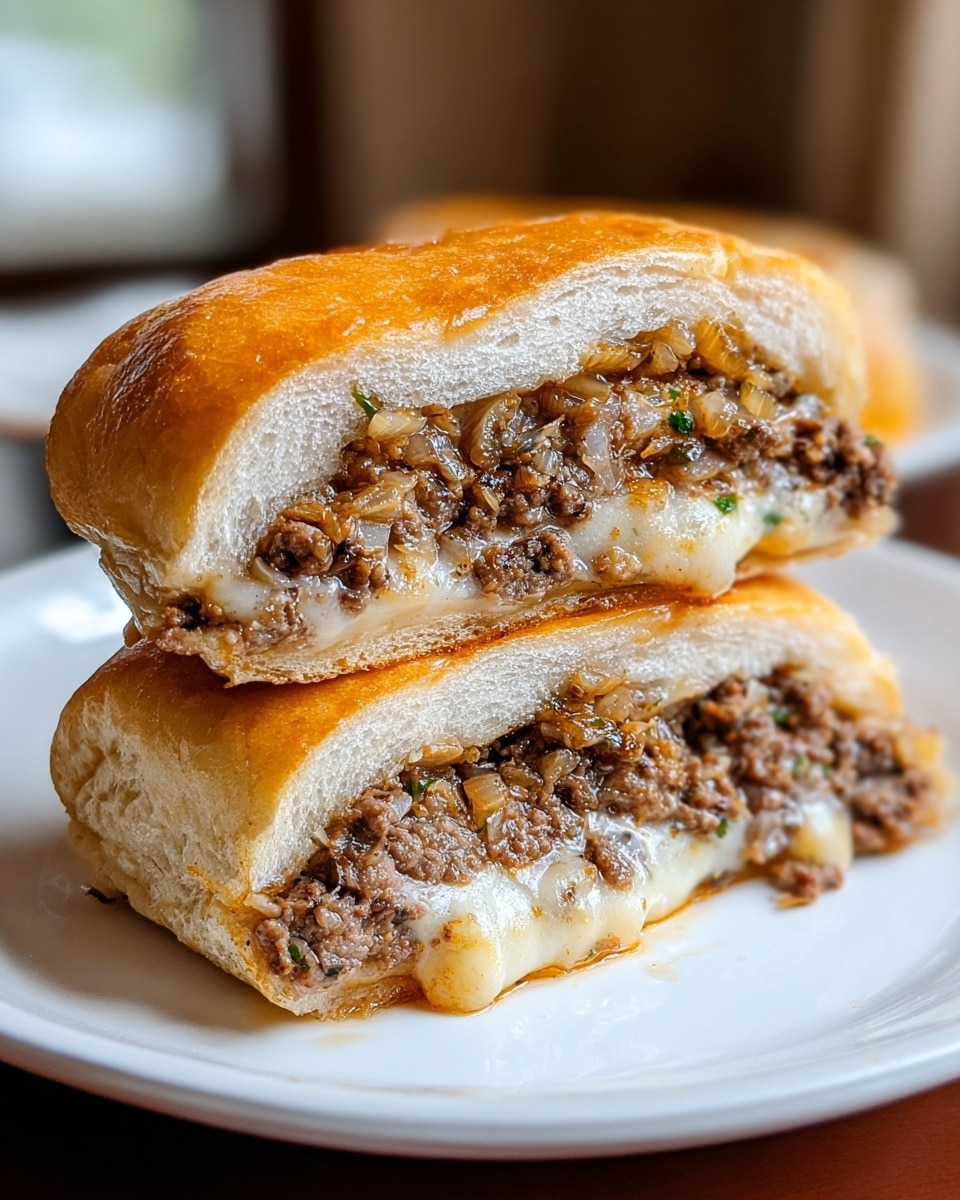 A sandwich cut in half and stacked on a white plate, showing two thick layers of filling inside a soft, golden toasted bun. The filling has three main layers: the bottom layer is melted cheese, creamy and slightly oozing; the middle layer is cooked ground meat mixed with small chopped green herbs; the top layer has sautéed translucent onions with bits of seasoning. The bun is thick and fluffy with a slightly glossy top crust. The white marbled surface is visible under the plate, and the background is softly blurred. photo taken with an iphone --ar 4:5 --v 7