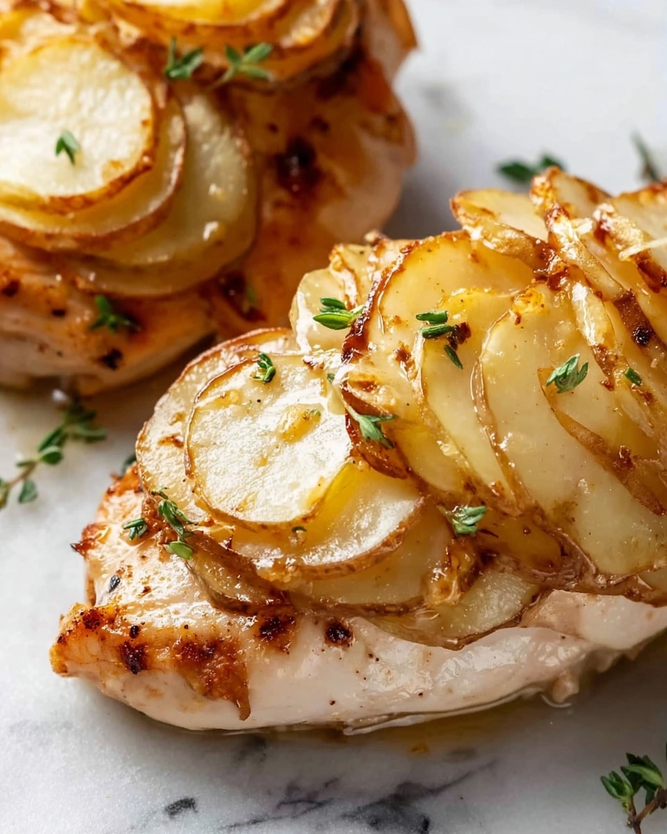 Two pieces of cooked chicken breast are topped with thin, overlapping slices of golden-brown potatoes arranged like flower petals in layers, with a slightly crispy texture on the edges. Small green herb leaves are sprinkled on top, adding a fresh touch. The chicken has a shiny, glazed surface with a mix of light beige and golden brown colors from cooking. The dish is shown on a white marbled surface, emphasizing the warm colors of the food. photo taken with an iphone --ar 4:5 --v 7
