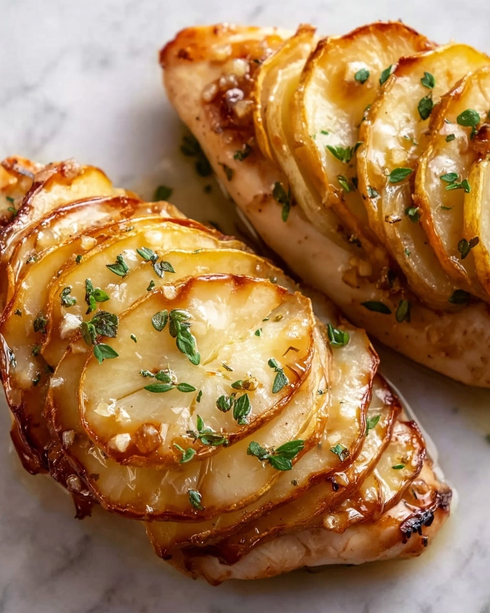 Two pieces of cooked chicken breast are shown on a white marbled surface, each topped with thinly sliced potato layers arranged like flower petals. The potatoes are golden brown with some caramelized spots and tiny green herb leaves sprinkled on top. The chicken is juicy with a light brown seared color, and the overall look is warm and fresh with a slight shine from cooking juices. photo taken with an iphone --ar 4:5 --v 7