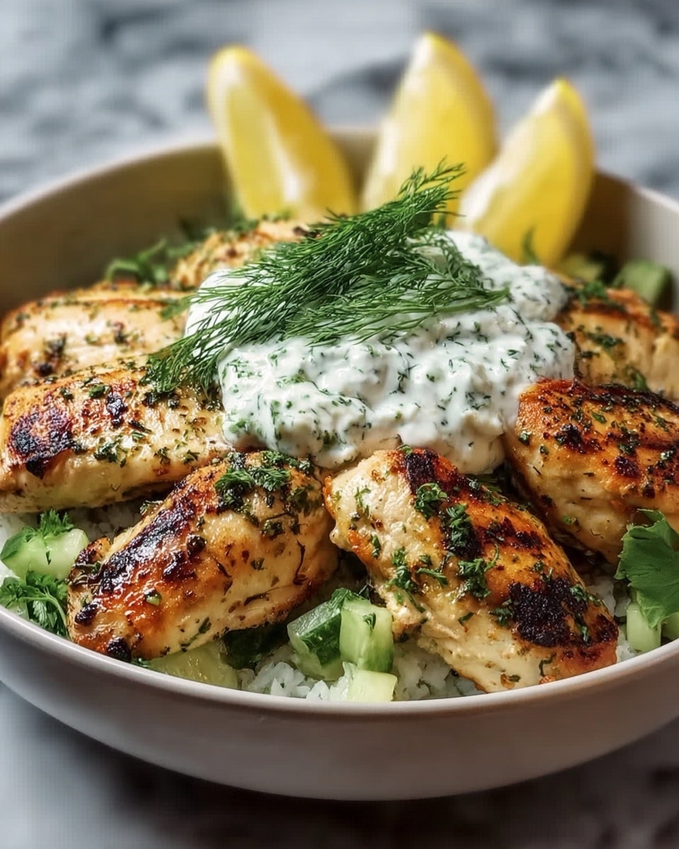 A round white bowl is filled with five pieces of grilled chicken, each with a golden brown and slightly charred surface sprinkled with green herbs. The chicken pieces are arranged around a central dollop of thick white sauce mixed with green herbs, topped with a small bundle of fresh dill. Behind the sauce, two thin slices of lemon sit stacked, adding a bright yellow contrast. The bowl also contains small bits of cucumber and green leafy herbs around the chicken, adding fresh green touches, all set against a white marbled surface. Photo taken with an iphone --ar 4:5 --v 7