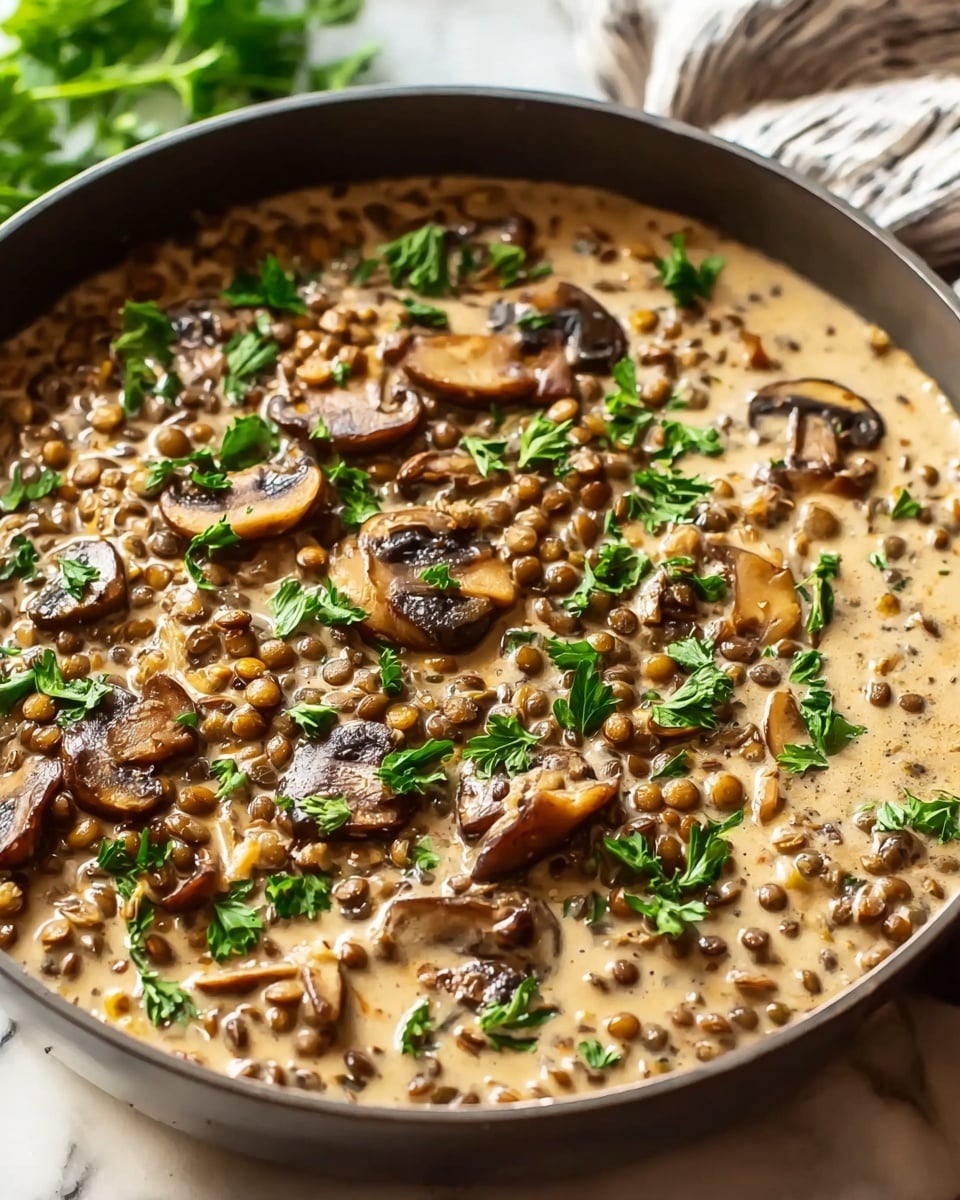 A black pan filled with creamy soup that has several layers of ingredients mixed together, including light brown lentils, sliced brown mushrooms, and small white or beige chunks, all in a smooth, thick beige cream base. Green parsley leaves are scattered on top, adding a fresh color contrast. The pan is slightly out of focus on the sides, with a white marbled surface underneath. photo taken with an iphone --ar 4:5 --v 7