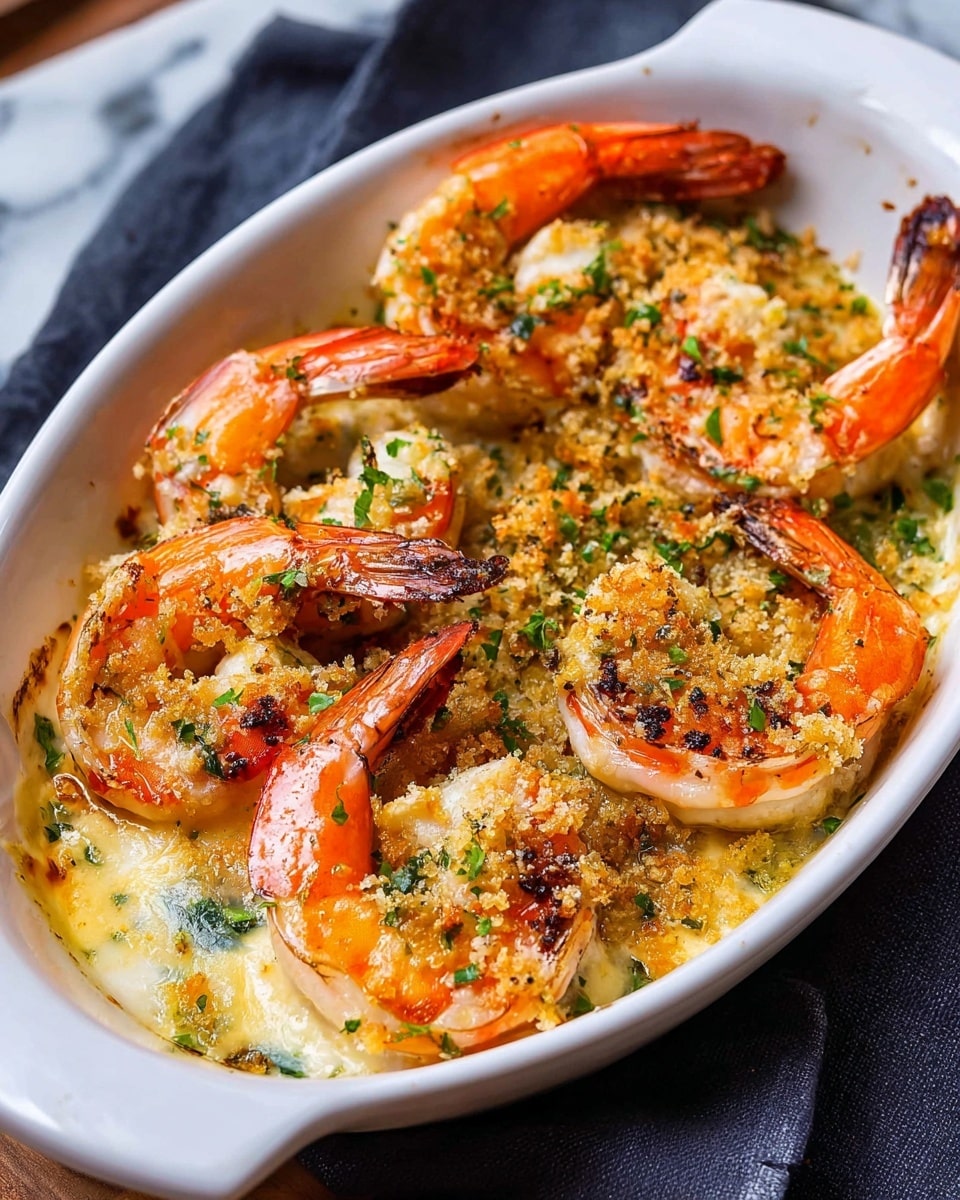 A white oval dish holds a baked shrimp dish with about two layers; the bottom layer is creamy sauce with green herbs mixed in, and the top layer features large whole shrimp with bright orange and pink shells, slightly charred tips, arranged standing up and lying down. The shrimp are topped with a crispy golden breadcrumb mixture with green herb bits, adding texture and color. The dish is set on a white marbled surface with a dark cloth partially visible under the dish. Photo taken with an iphone --ar 4:5 --v 7
