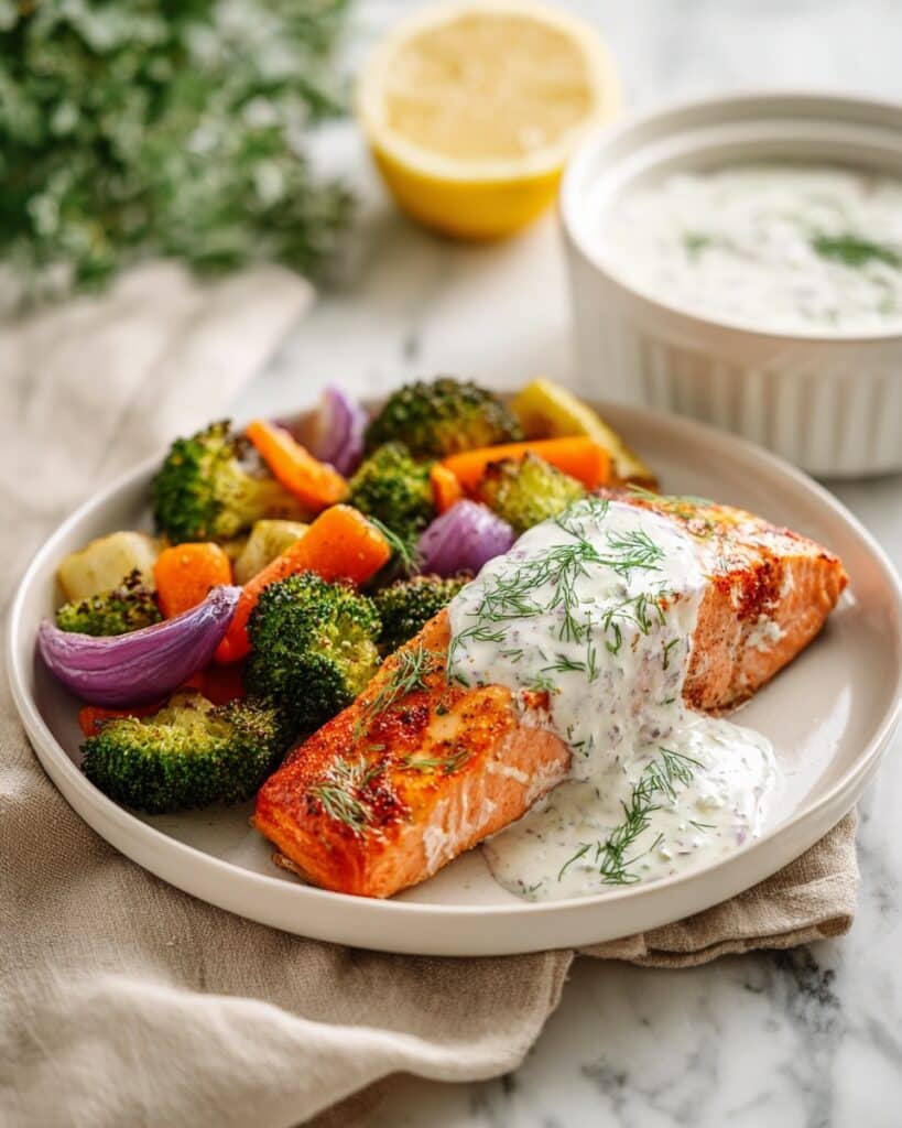 Wild Salmon with Lemon-Dill Yogurt Sauce and Sheet-Pan Roasted Veggies Recipe