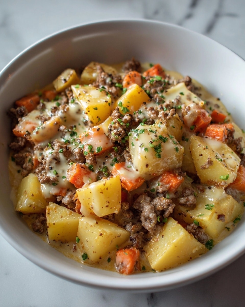 A close-up top view of a white bowl filled with a layered dish consisting of creamy melted cheese on top, sprinkled with chopped fresh green herbs. Beneath the cheese are chunky pieces of golden-yellow cooked potatoes and small orange carrot pieces mixed with browned ground meat. The colors show a mix of creamy white, golden yellow, orange, and brown with a soft texture from the cheese and a tender look to the cooked vegetables and meat. The bowl edges are visible with a rustic brown speckled rim, placed on a white marbled background. photo taken with an iphone --ar 4:5 --v 7