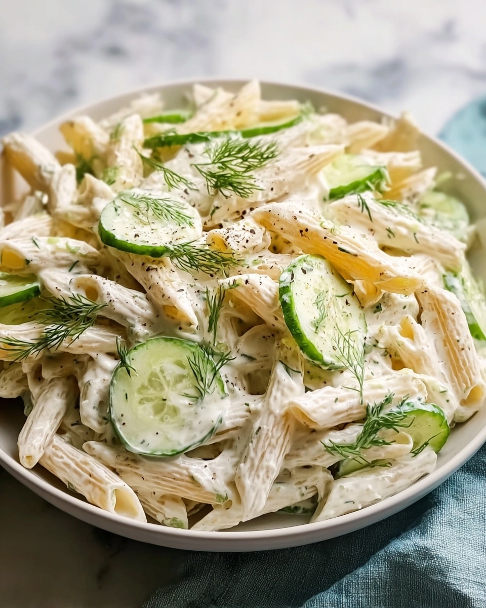 A white bowl filled with creamy pasta salad sits on a white marbled surface. The first layer shows short tube-shaped pasta coated in thick, white creamy dressing. Scattered throughout are thin, light green cucumber slices with darker green edges. On top, fresh sprigs of green dill add texture and color, along with a sprinkle of black pepper. Wooden spoon lifts a portion, showing the creamy texture and ingredients clearly. photo taken with an iphone --ar 4:5 --v 7