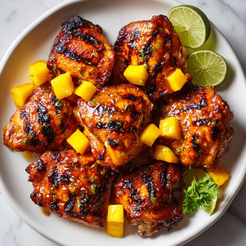 The image shows grilled chicken thighs with a shiny, thick mango glaze coating each piece, giving them a bright orange-golden color with dark brown char marks. The chicken is arranged close together on a white plate, with small cubes of fresh yellow mango scattered on top. To the side, there are two lime wedges adding a fresh green color, and some green leafy garnish peeking from the edges. The white marbled surface below highlights the warm tones of the chicken and mango sauce. The lighting is bright, making the chicken look juicy and flavorful. photo taken with an iphone --ar 4:5 --v 7