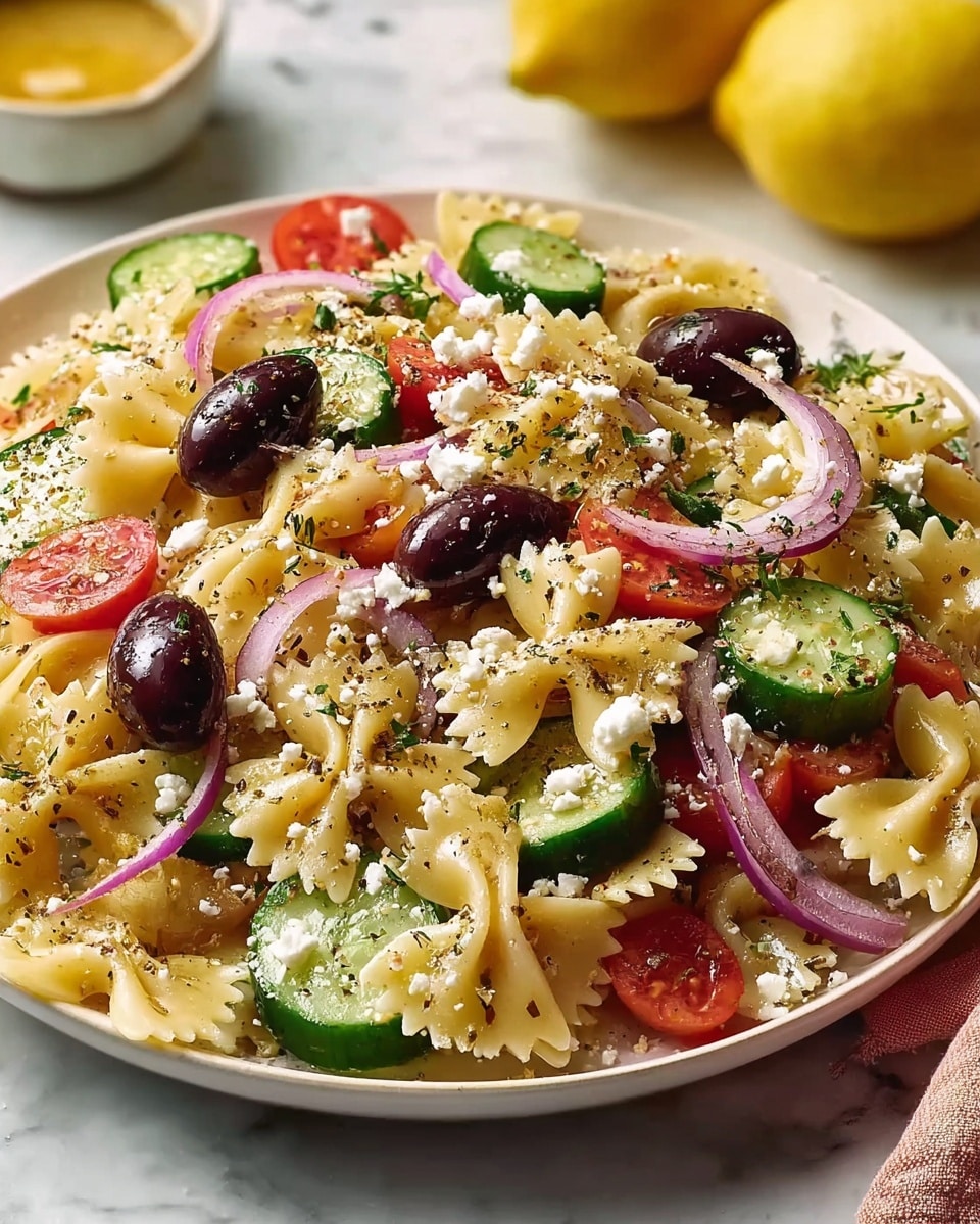 A white square plate filled with a colorful pasta salad made of light yellow bowtie pasta as the base layer, seasoned with small green herb sprinkles. On top of this pasta are layers of halved red cherry tomatoes, sliced green cucumbers, and thin curved slices of purple-red onion. Scattered dark purple olives and small white crumbles of feta cheese add texture and color contrast. The dish is placed on a white marbled surface with a green cloth partially visible under the plate. A bowl of clear golden dressing and two lemon halves along with a whole yellow lemon and some green parsley leaves are arranged around the plate. Photo taken with an iphone --ar 4:5 --v 7