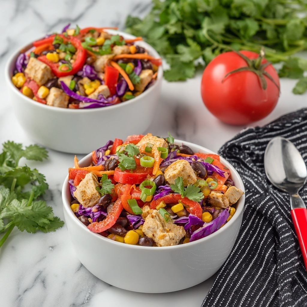 Two white bowls filled with a colorful mixed salad are shown from above on a white marbled surface. The salad consists of layers including small pieces of purple cabbage, bright orange carrot sticks, black beans, yellow corn kernels, chopped red tomatoes, and green slices of jalapeño peppers. There are also bits of grilled chicken mixed in, with fresh green cilantro sprinkled all over the top. To the side, a fresh red tomato and a bunch of green cilantro rest on a grey and white striped cloth next to a red-handled fork. Photo taken with an iphone --ar 4:5 --v 7