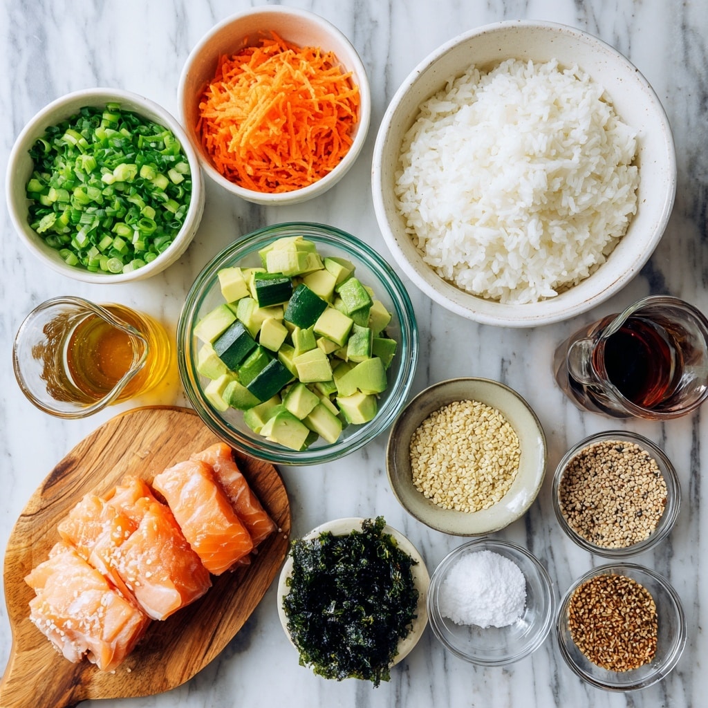 The image shows an organized layout of fresh ingredients on a white marbled surface. In the top right, a large white bowl is filled with a fluffy layer of white cooked rice. To its left, another white bowl contains three clear sections of finely shredded orange carrots, bright green chopped cucumbers, and sliced green onions. Below, a small glass bowl holds diced light green avocado cubes, placed on a wooden board next to neatly arranged raw salmon fillets with a smooth, light pink texture. Around these are small glass bowls holding dark green seaweed strips, light beige ground ginger powder, white powder, and a mix of black and tan sesame seeds. Two small glass pitchers filled with golden and dark brown sauces are placed near the bowls. Photo taken with an iphone --ar 4:5 --v 7