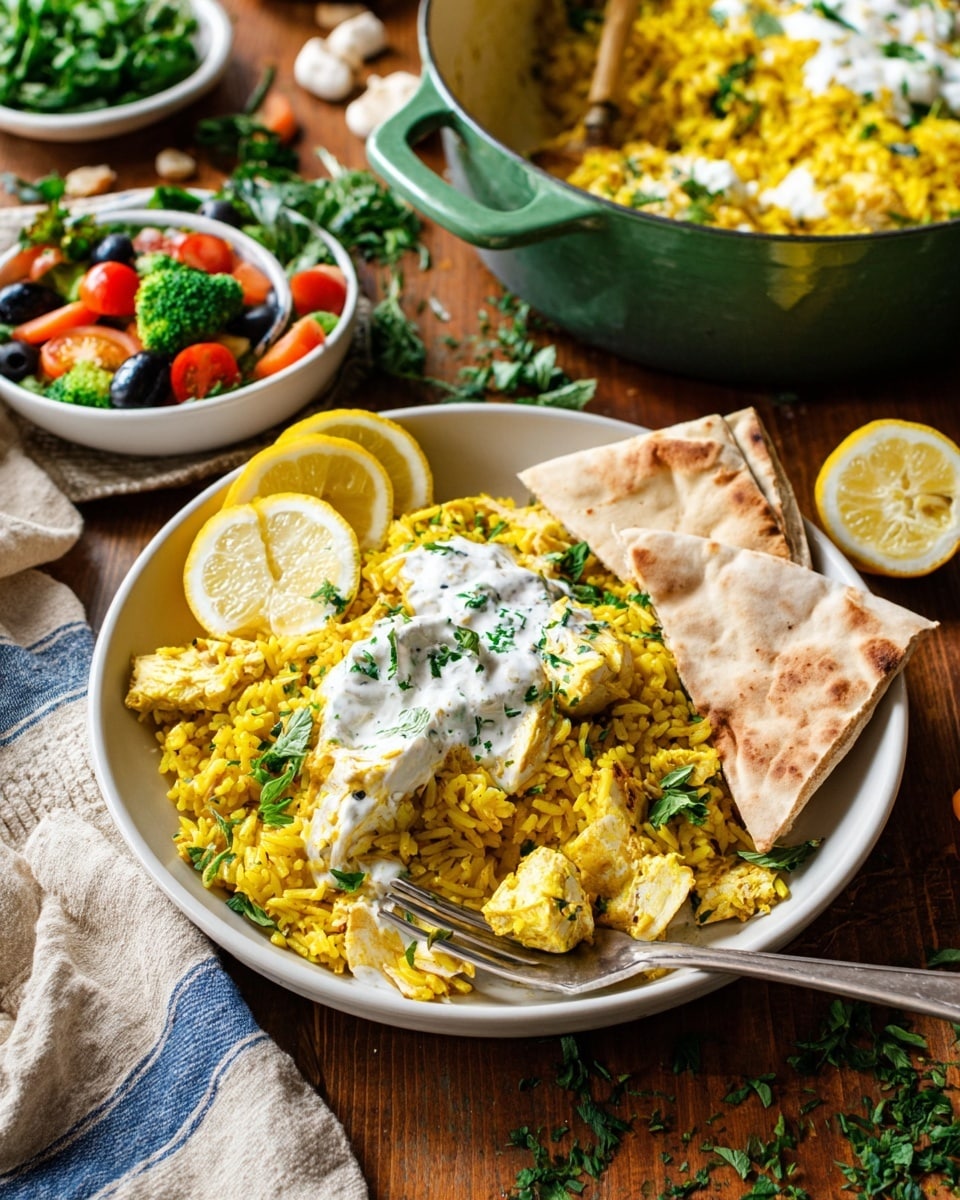 A bowl with yellow rice mixed with chunks of chicken and small green herbs, topped with a dollop of white creamy sauce sprinkled with green herbs, three lemon slices placed on the side inside the bowl, and two folded pita bread pieces resting on the right edge; the bowl sits on a white marbled texture surface with a fork partially placed in the rice at the bottom right. photo taken with an iphone --ar 4:5 --v 7