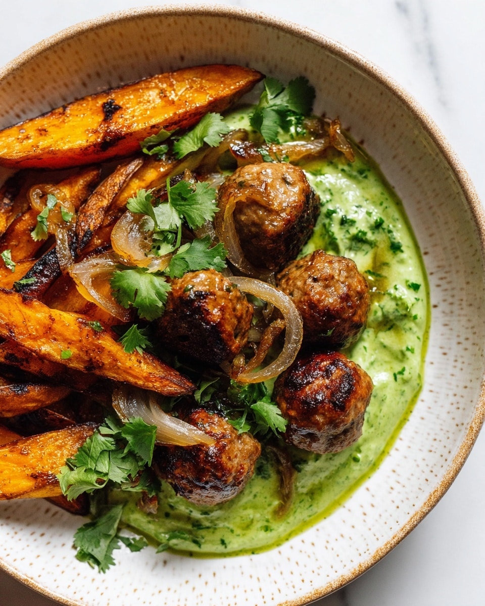 A white bowl holds a dish with a base layer of light green sauce spread thinly on the bottom. On top of that are several small, round, browned meatballs clustered together, showing a slightly shiny, textured surface. Around the meatballs are thin, crispy slices of fried onion with a golden-brown color. Fresh green parsley leaves add a pop of fresh color behind the meatballs. A golden fork is partially inserted into one of the meatballs on the left side. The background is a white marbled texture. photo taken with an iphone --ar 4:5 --v 7