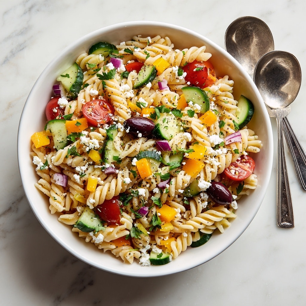 A white bowl filled with a colorful pasta salad sits on a white marbled surface. The salad has three main layers: at the bottom are beige spiral pasta pieces evenly spread, mixed with chopped green cucumbers that are shiny and fresh, and bright orange bell pepper chunks. The top layer displays halved red cherry tomatoes, small pieces of white feta cheese sprinkled throughout, tiny bits of purple onion, and scattered black olive slices. The salad is lightly garnished with green parsley leaves and cracked black pepper, creating a fresh and vibrant look. Two silver serving spoons rest next to the bowl. Photo taken with an iphone --ar 4:5 --v 7