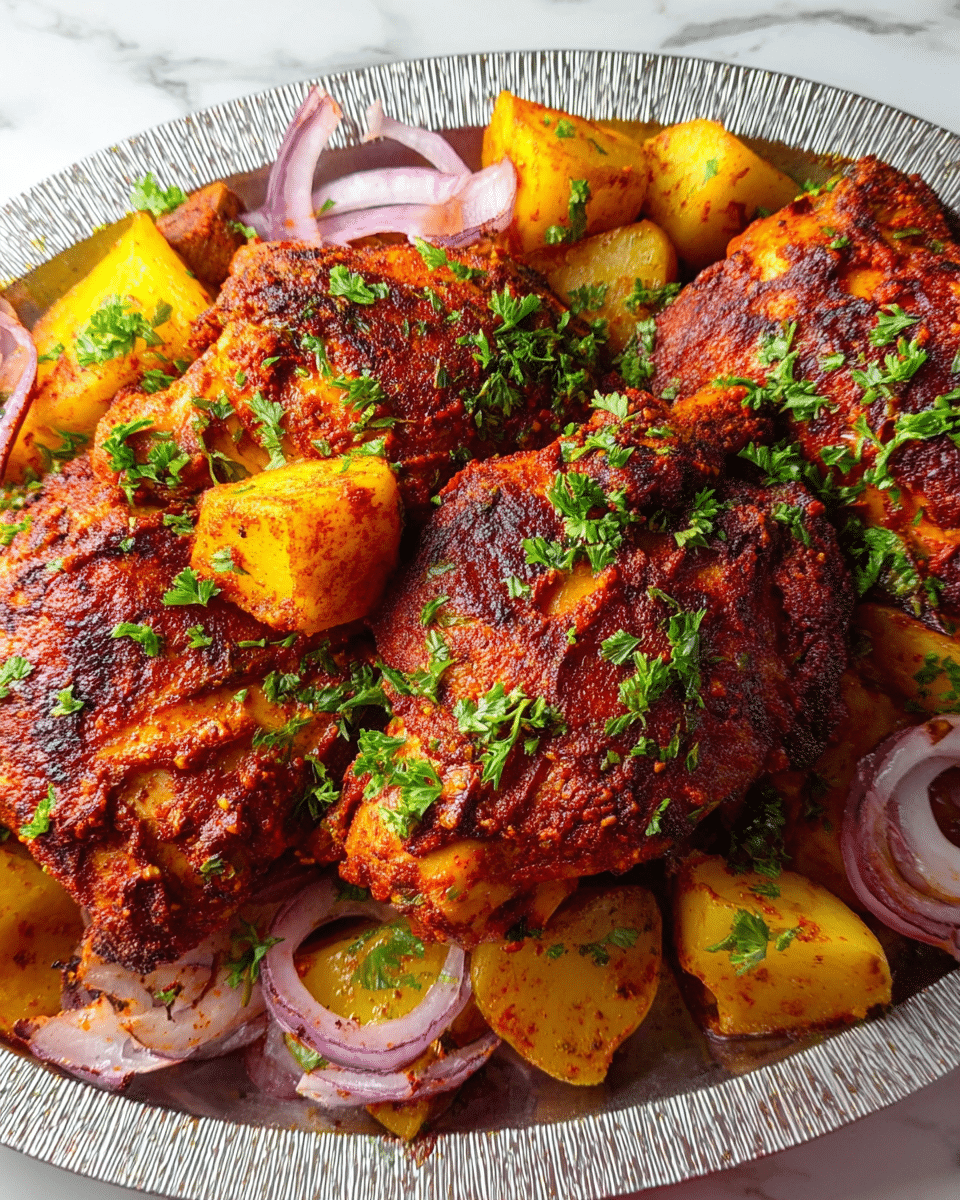 The image shows several pieces of grilled chicken with a dark red, spicy coating, browned at the edges. The chicken pieces are thick, with a rough texture from the spices and slightly charred areas. Scattered around the chicken are large chunks of cooked potatoes, golden yellow with a soft look, and slices of red onion rings. Small green parsley leaves are sprinkled on top, adding a fresh, bright contrast to the rich colors of the chicken and potatoes. The food is arranged close together on a white plate set against a white marbled background. photo taken with an iphone --ar 4:5 --v 7
