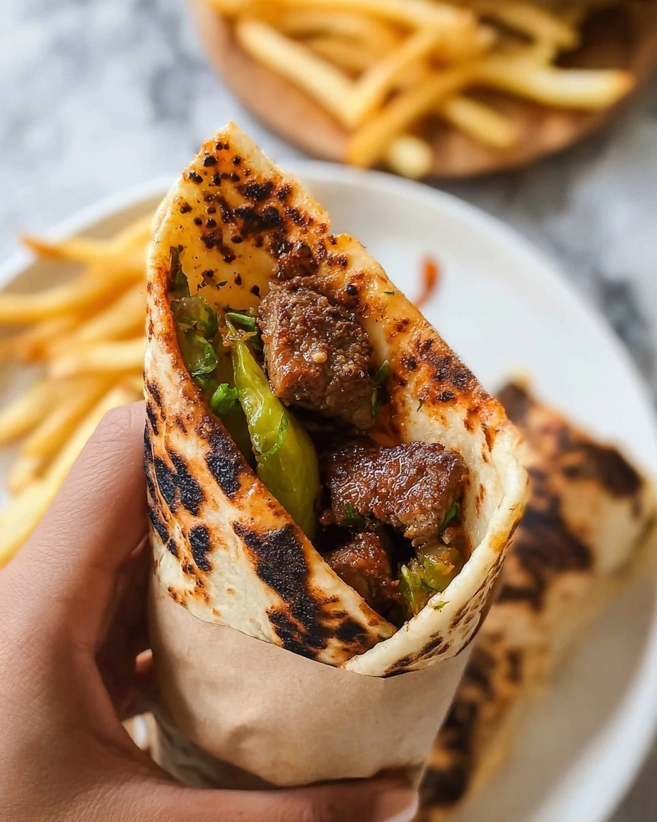 A close-up view of a grilled wrap held by a woman's hand, showing a toasted, lightly charred flatbread with dark specks, folded tightly to hold grilled chunks of well-seasoned brown meat and green pickles inside. The wrap is partly wrapped in light brown paper. In the background, on a white plate, there is a pile of thin light golden fries and another similar wrap. The surface underneath is a white marbled texture. photo taken with an iphone --ar 4:5 --v 7