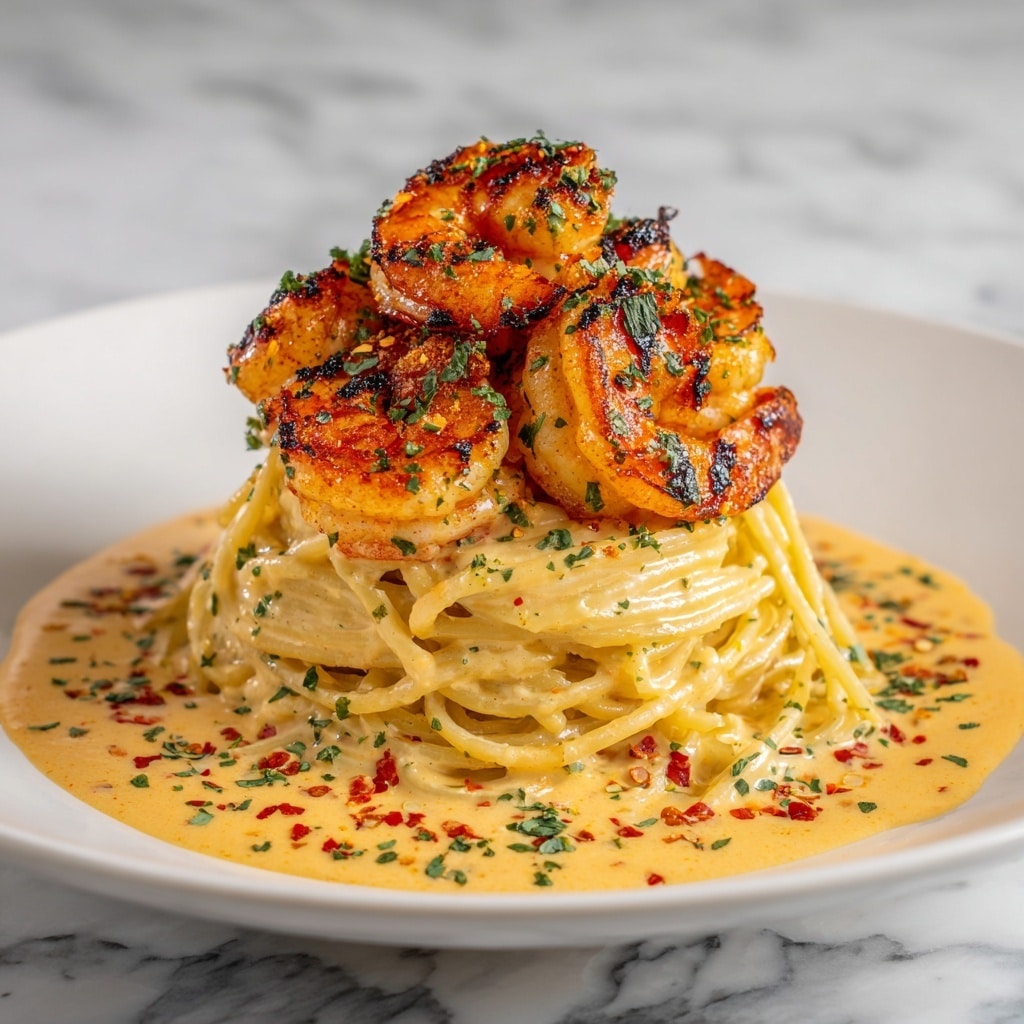 A tall stack of creamy spaghetti forms the base layer, coated in a light yellow sauce speckled with black pepper and herbs, arranged neatly in a spiral. On top, there is a layer of six orange-pink shrimp cooked and seasoned with green herbs and red chili flakes, adding texture and color contrast. The dish is served on a white plate with a creamy sauce pooling around the pasta, dotted with red chili bits and finely chopped herbs. Photo taken with an iphone --ar 4:5 --v 7