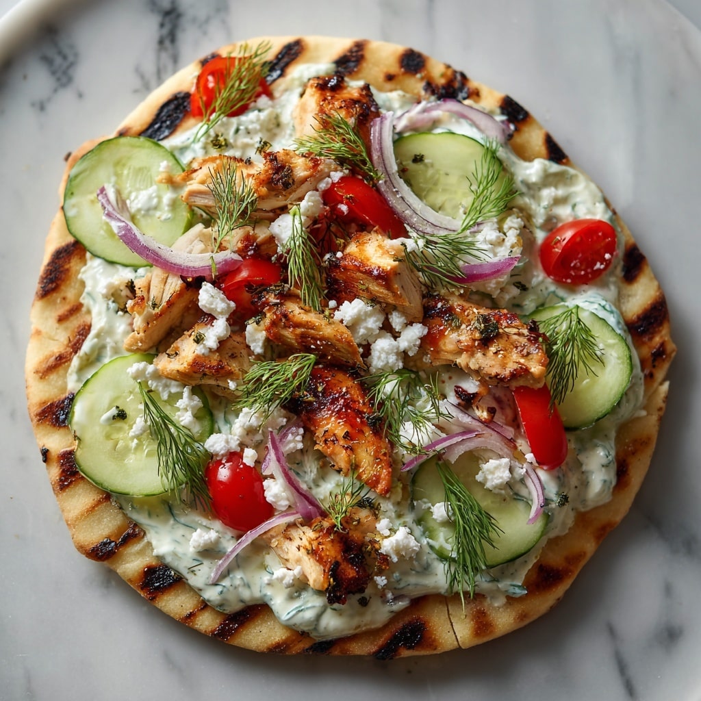A grilled flatbread forms the base, golden with char marks, topped first with a spread of creamy white sauce mixed with green herbs. On top of that lies a layer of grilled chicken pieces, golden-brown with charred edges. Around the chicken are slices of pale green cucumber with dill sprinkled on them. Above the chicken, there are red cherry tomato halves and crumbled white cheese scattered. Thin rings of light purple onion sit on the tomatoes, finished with fresh sprigs of green dill on top. The whole dish is placed on a white marbled surface. photo taken with an iphone --ar 4:5 --v 7