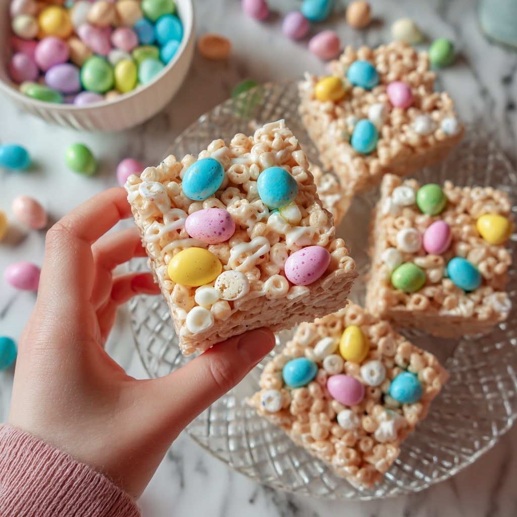 A close-up shows a woman's hand holding a square rice cereal treat that is light tan with visible white marshmallow pieces mixed in, topped with broken small pastel candy-coated chocolate eggs in pink, yellow, blue, and green. Behind the hand, three more square treats rest on a clear glass plate with a lattice edge, each covered with colorful candy egg pieces and white drizzle. In the background, a white bowl filled with pastel candies sits on a white marbled surface scattered with additional candy eggs photo taken with an iphone --ar 4:5 --v 7