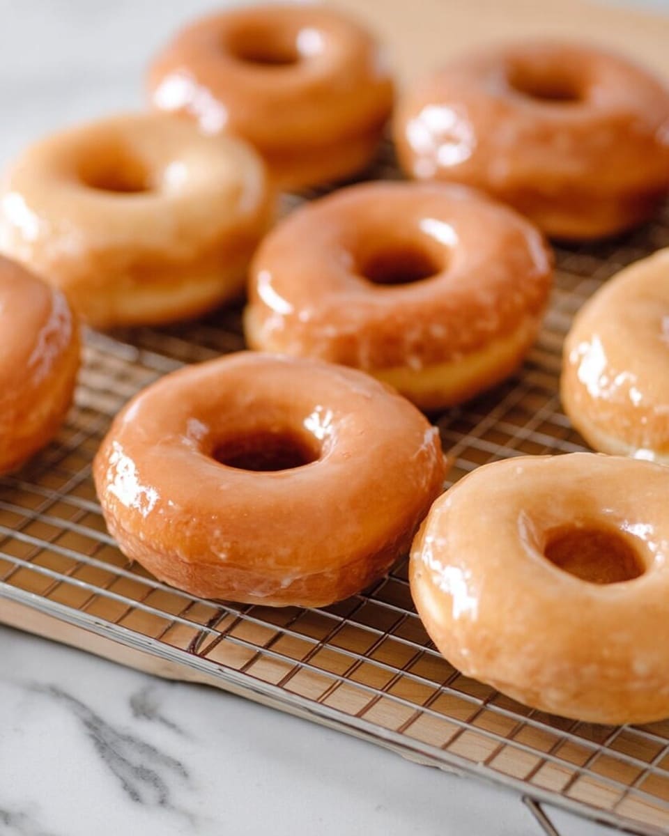 The image shows a group of freshly glazed donuts placed on a cooling rack. Each donut is golden brown with a smooth, shiny glaze coating that gives a glossy texture. The donuts sit on the wire rack, slightly overlapping each other, inside a white tray. The background features a white marbled texture that adds a clean look. The lighting highlights the glaze, making the donuts look soft and moist. photo taken with an iphone --ar 4:5 --v 7