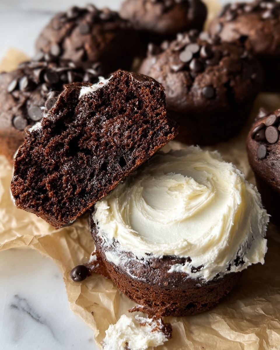A close-up shows a split chocolate muffin topped with a thick layer of creamy white spread on the bottom half, showcasing smooth, swirled texture with some crumbs mixed in. The top half of the muffin is dark brown with a dense, slightly crumbly texture. Surrounding the main muffin are whole muffins with dark brown tops studded with small, shiny chocolate chips. The muffins rest on crinkled parchment paper, placed on a white marbled surface. Photo taken with an iphone --ar 4:5 --v 7