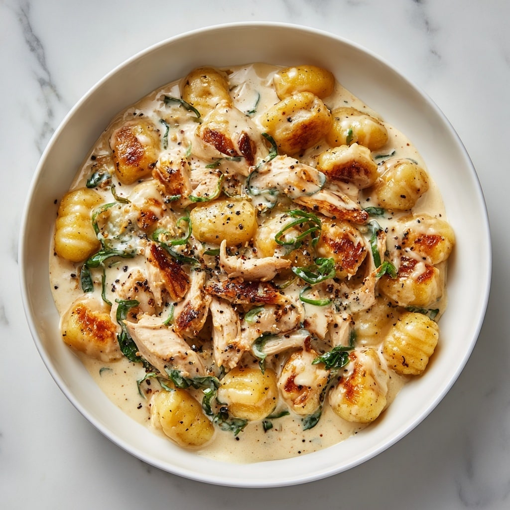 A white bowl filled with several small, plump gnocchi pieces all covered in a creamy white sauce, with some gnocchi pieces showing light golden brown spots of light crisping. Sprigs of fresh green herbs are scattered lightly on top, and the sauce has a smooth, slightly thick texture pooling gently around the gnocchi. The bowl sits on a white marbled surface with a blurred green plant and a yellow oil bottle in the background. photo taken with an iphone --ar 4:5 --v 7