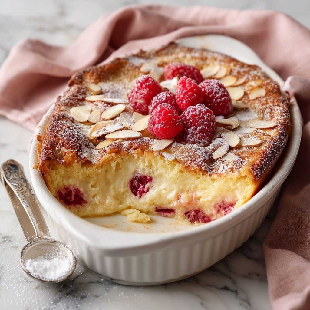 A white rectangular baking dish filled with a baked dessert showing three main layers: the bottom layer is soft and light beige bread pudding, the middle layer has scattered fresh red raspberries partly soaked into the bread, and the top layer is a crispy golden-brown nut and seed mix with toasted almond slices and some cinnamon dusted on top. Powdered sugar is sprinkled lightly over the whole dish, and a portion is scooped out in the front right corner, revealing all the layers clearly. The dish sits on a white marbled surface with a soft pink cloth behind it and a metal strainer nearby. Photo taken with an iphone --ar 4:5 --v 7