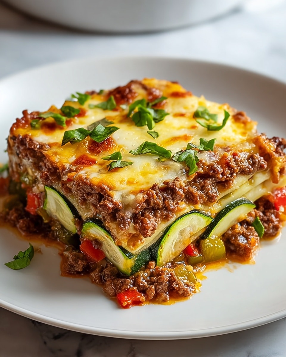 A close-up of a square lasagna piece on a white plate, showing four main layers: the bottom layer is made of thin light green zucchini slices, followed by a thick layer of cooked ground meat mixed with small bits of red bell pepper, then another layer of zucchini slices, and the top layer is melted golden-brown cheese sprinkled with chopped green herbs and small pieces of mushrooms. The edges of the lasagna show some sauce and oil seepage. The background is a softly blurred dark setting with a white marbled texture beneath the plate. Photo taken with an iphone --ar 4:5 --v 7