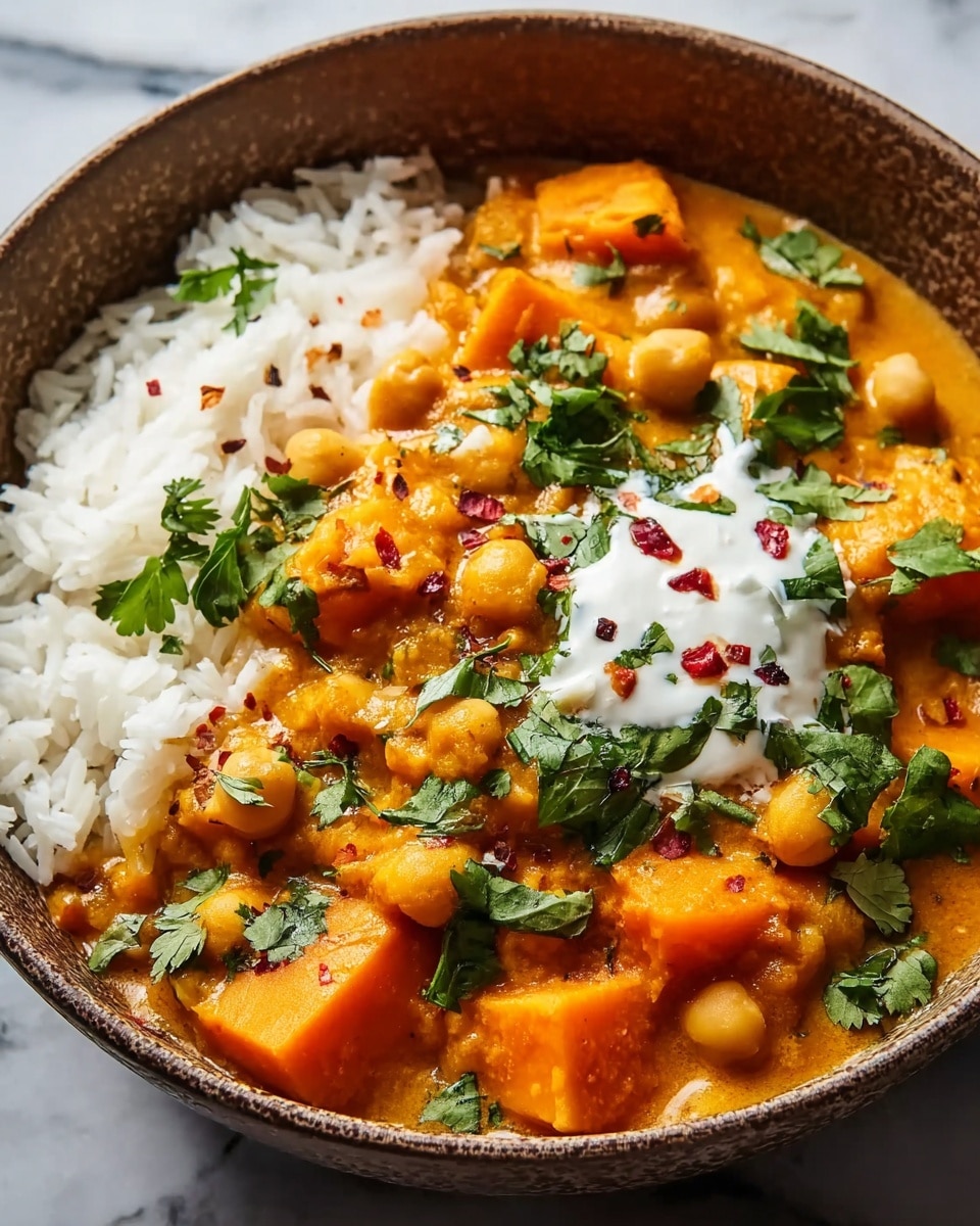 A close-up of a bowl with two main layers: on one side, fluffy white rice with soft grains, and on the other, a thick orange stew made of chunks of soft sweet potatoes and whole chickpeas in a creamy sauce. The stew is garnished with bright green chopped herbs and small red chili flakes, plus a small dollop of white cream on top. The bowl is a textured brown ceramic, set on a white marbled background. photo taken with an iphone --ar 4:5 --v 7
