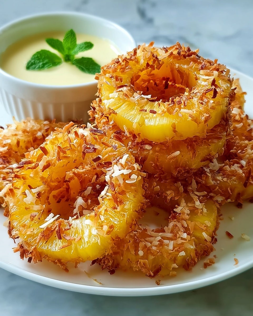 The image shows several golden brown, crispy pineapple rings coated with toasted coconut flakes stacked on a white plate placed on a white marbled surface. The pineapples have a rough texture from the coconut and are brightly yellow with brown toasted edges. Behind the stack, there is a small white cup filled with creamy light yellow dipping sauce topped with a fresh green mint leaf. The colors are warm and vibrant, showing a mix of yellow, brown, white, and green. photo taken with an iphone --ar 4:5 --v 7