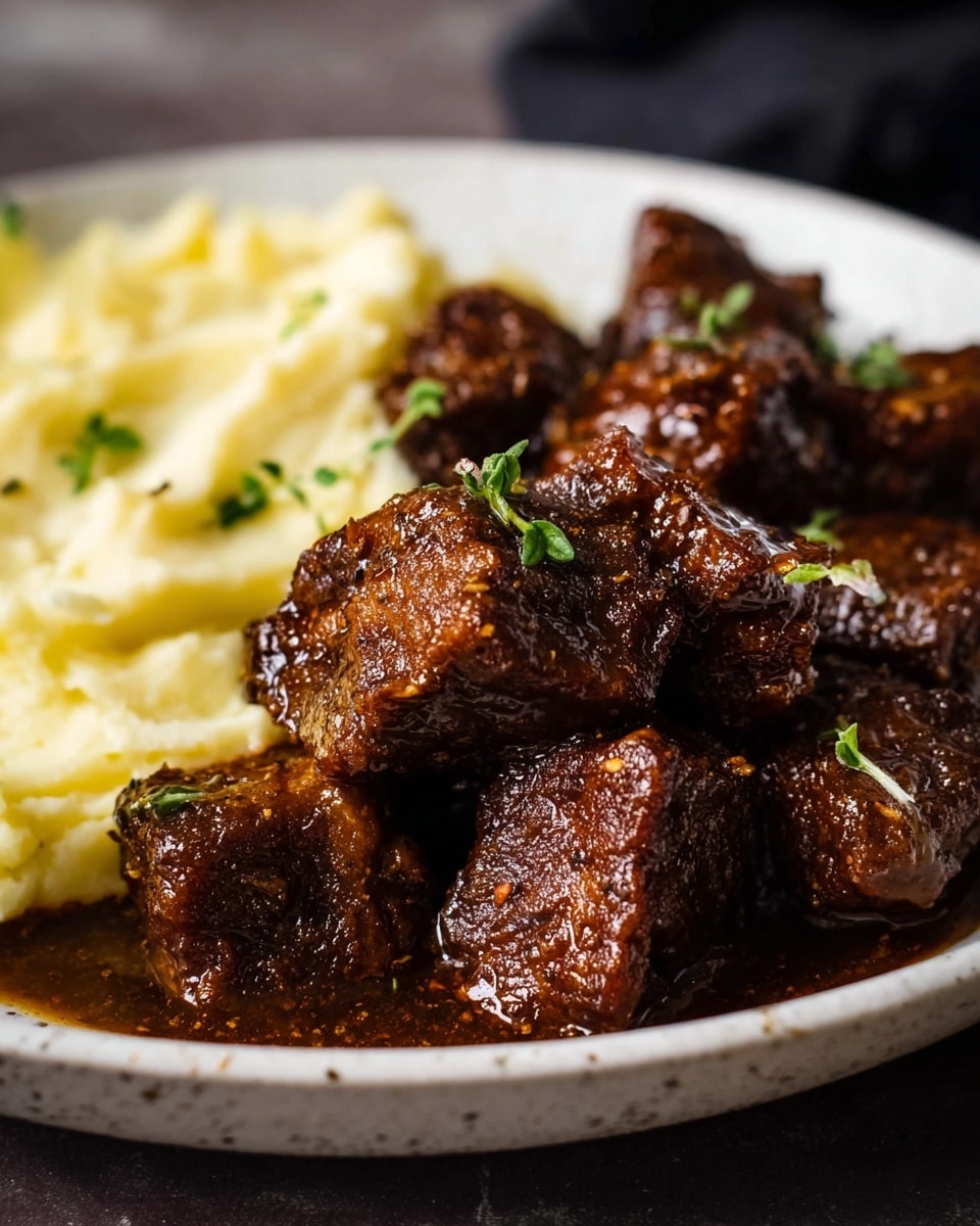 The image shows a close-up of dark brown, juicy beef stew chunks with a shiny glaze, arranged in the center of a white plate. The chunks have a textured surface with visible seasoning and are sprinkled with small green herb leaves. On the left side of the plate, there is a serving of smooth, creamy pale yellow mashed potatoes with slight peaks and swirls. The plate rests on a white marbled texture surface. photo taken with an iphone --ar 4:5 --v 7