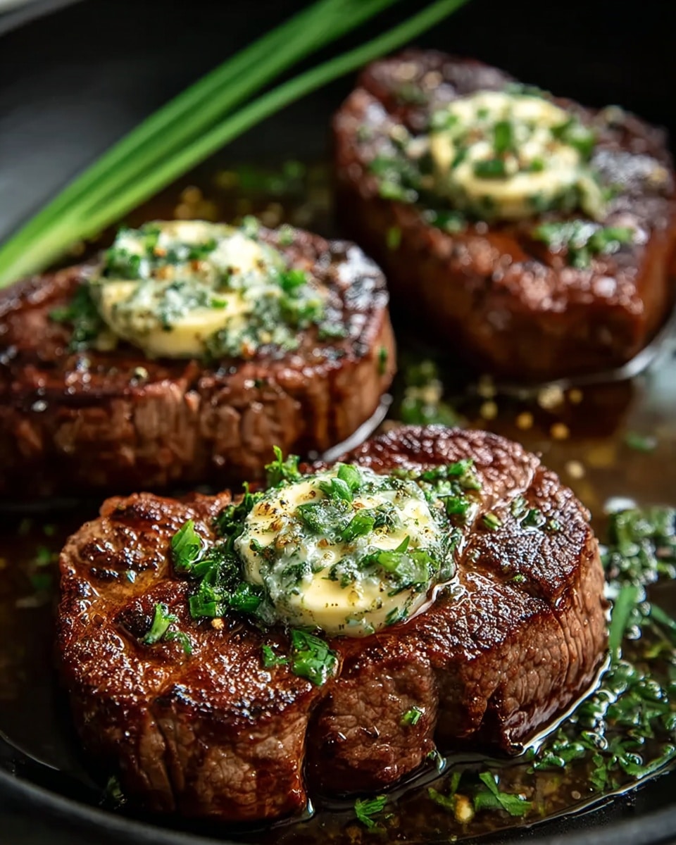 The image shows a close-up of a thick grilled steak with a juicy pink center and nicely browned edges. On top, there is a dollop of melting yellow butter seasoned with black pepper and small green herb pieces scattered over the steak. The steak sits on a dark pan with some oil and tiny bits of herbs around it, highlighting its texture and juiciness. The surface under the pan is a white marbled texture. photo taken with an iphone --ar 4:5 --v 7