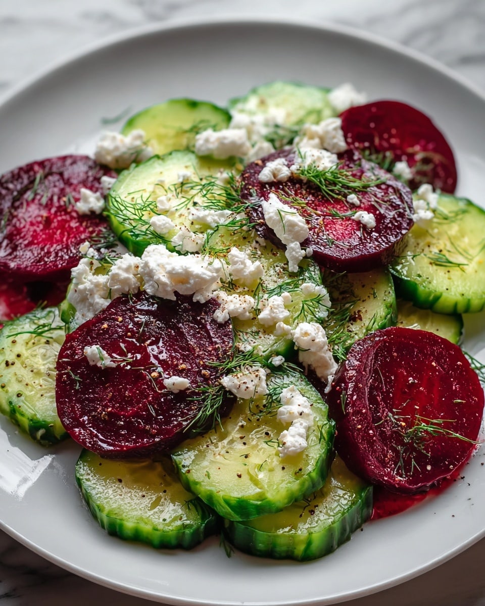 A white plate on a white marbled surface holds a colorful salad. The base layer consists of bright red beetroot chunks with a smooth, slightly glossy texture. On top of the beets, there are slices of fresh green cucumber with light, watery centers and darker edges. Scattered all over are dollops of creamy white cottage cheese, adding a soft and crumbly texture. Tiny green sprigs of dill are sprinkled generously across the salad for a fresh, feathery touch. The salad is lightly drizzled with oil, giving it a slight shine. The image is sharp and well-lit, showing the fresh ingredients clearly. photo taken with an iphone --ar 4:5 --v 7