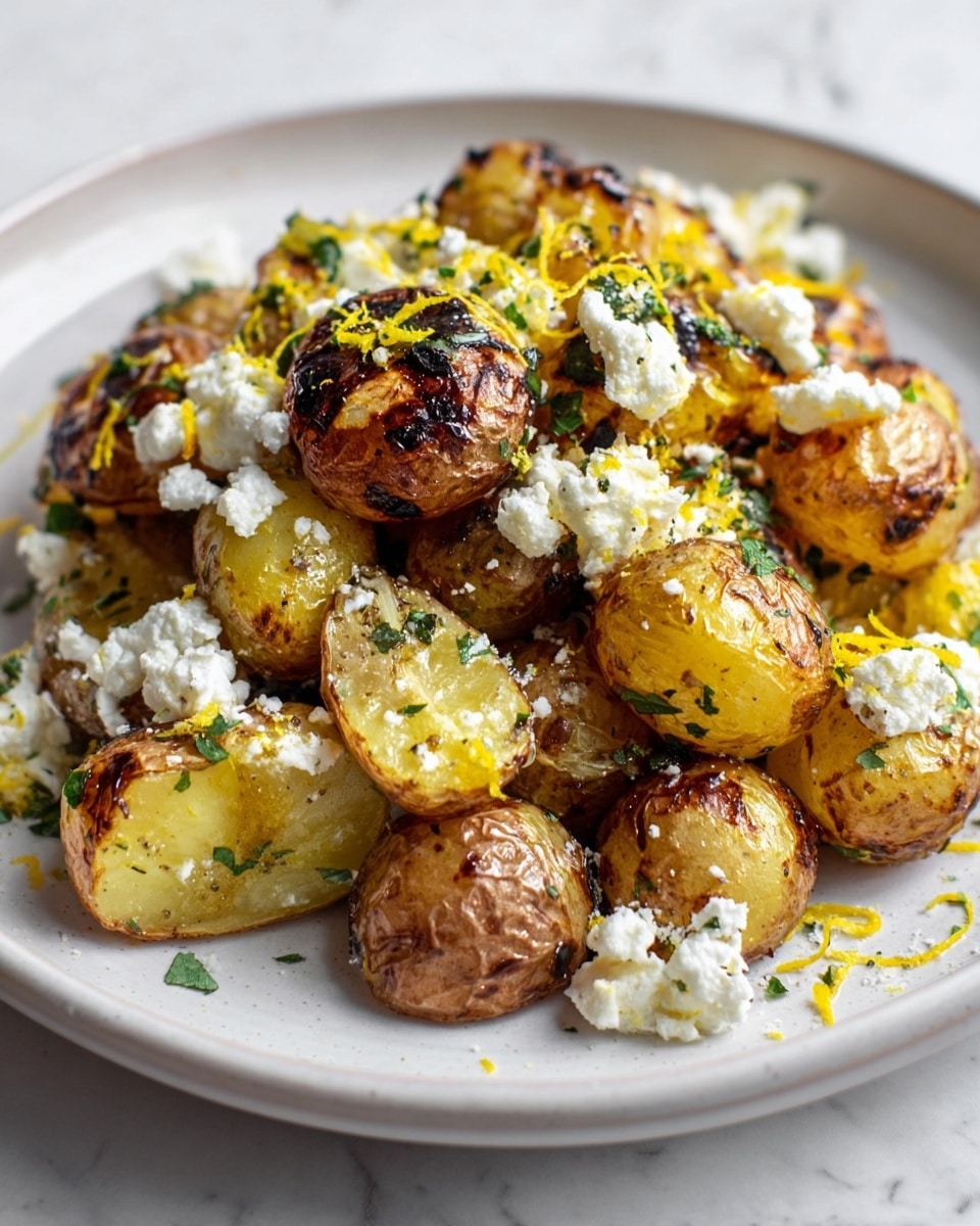 The dish shows a pile of small roasted potatoes on a white plate, each potato cooked with a browned and slightly charred skin texture, some cut in half showing a soft yellow inside. Scattered over the potatoes are white crumbles of soft cheese, and thin strands of yellow lemon zest add bright pops of color. Small green herb pieces are sprinkled across the dish, providing a fresh contrast to the golden and white tones. The plate sits on a white marbled surface. photo taken with an iphone --ar 4:5 --v 7