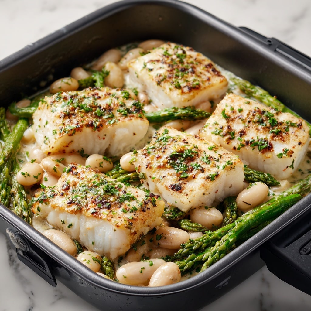 The image shows two thick pieces of white fish fillets with a textured, browned herb crust on top, sprinkled with finely chopped green chives. The fish sits on a bed of green roasted asparagus and pale beige beans in a creamy sauce, all presented inside a metal baking dish. The asparagus is charred slightly on the edges, and the beans are scattered around the fillets. The photo has a close-up view with focus on the fish and vegetables, set against a white marbled texture background. photo taken with an iphone --ar 4:5 --v 7
