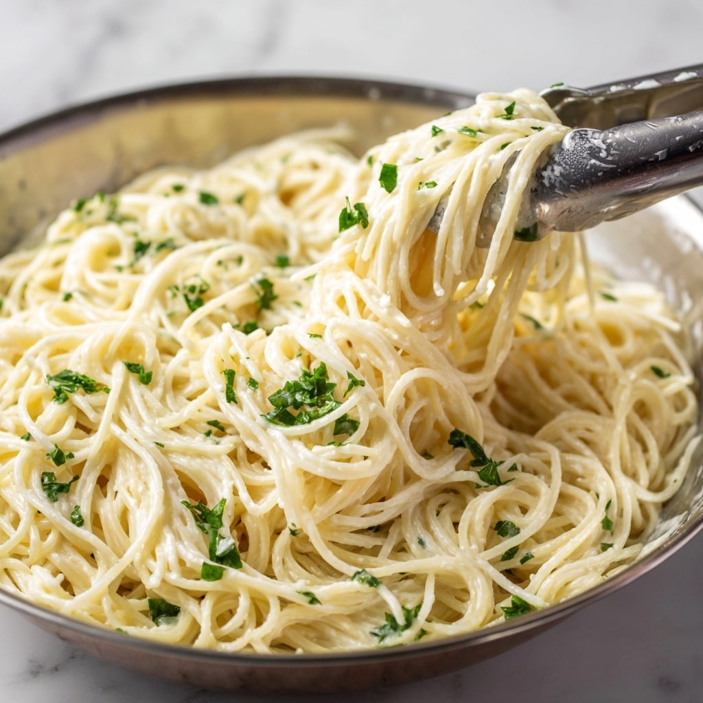 The image shows a close-up view of spaghetti coated in a creamy white sauce, placed inside a shiny stainless steel bowl. The noodles appear soft and smooth, tangled together with a slight sheen from the sauce, which has a rich and thick texture. Small bits of fresh green herbs are sprinkled evenly on top, adding a pop of color and freshness. A pair of shiny metal tongs is partly lifting some spaghetti from the bowl, creating a sense of motion. The background is a white marbled texture. Photo taken with an iphone --ar 4:5 --v 7